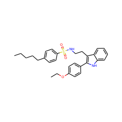 CCCCCc1ccc(S(=O)(=O)NCCc2c(-c3ccc(OCC)cc3)[nH]c3ccccc23)cc1 ZINC000028331908