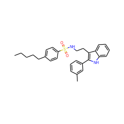 CCCCCc1ccc(S(=O)(=O)NCCc2c(-c3cccc(C)c3)[nH]c3ccccc23)cc1 ZINC000014978372