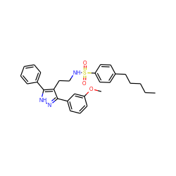 CCCCCc1ccc(S(=O)(=O)NCCc2c(-c3cccc(OC)c3)n[nH]c2-c2ccccc2)cc1 ZINC000072173137