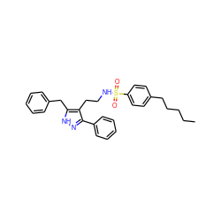 CCCCCc1ccc(S(=O)(=O)NCCc2c(-c3ccccc3)n[nH]c2Cc2ccccc2)cc1 ZINC000072173399