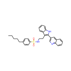 CCCCCc1ccc(S(=O)(=O)NCCc2c(-c3cnc4ccccc4c3)[nH]c3ccccc23)cc1 ZINC000014978399