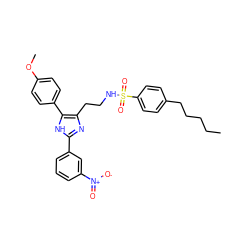 CCCCCc1ccc(S(=O)(=O)NCCc2nc(-c3cccc([N+](=O)[O-])c3)[nH]c2-c2ccc(OC)cc2)cc1 ZINC000014978190