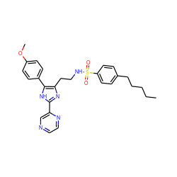 CCCCCc1ccc(S(=O)(=O)NCCc2nc(-c3cnccn3)[nH]c2-c2ccc(OC)cc2)cc1 ZINC000014978214