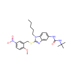 CCCCCn1c(SCc2cc([N+](=O)[O-])ccc2OC)nc2cc(NC(=O)NC(C)(C)C)ccc21 ZINC000028525029