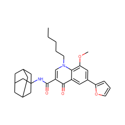 CCCCCn1cc(C(=O)NC23CC4CC(CC(C4)C2)C3)c(=O)c2cc(-c3ccco3)cc(OC)c21 ZINC000072105556