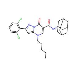 CCCCCn1cc(C(=O)NC23CC4CC(CC(C4)C2)C3)c(=O)n2nc(-c3c(Cl)cccc3Cl)cc12 ZINC000096907162