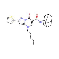 CCCCCn1cc(C(=O)NC23CC4CC(CC(C4)C2)C3)c(=O)n2nc(-c3cccs3)cc12 ZINC000096908215