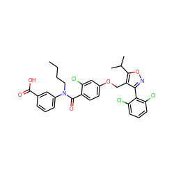 CCCCN(C(=O)c1ccc(OCc2c(-c3c(Cl)cccc3Cl)noc2C(C)C)cc1Cl)c1cccc(C(=O)O)c1 ZINC000084634036