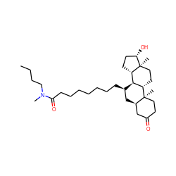 CCCCN(C)C(=O)CCCCCCC[C@@H]1C[C@@H]2CC(=O)CC[C@]2(C)[C@H]2CC[C@]3(C)[C@@H](O)CC[C@H]3[C@@H]21 ZINC000028641838