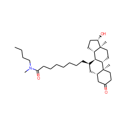 CCCCN(C)C(=O)CCCCCCC[C@@H]1C[C@H]2CC(=O)CC[C@]2(C)[C@H]2CC[C@]3(C)[C@@H](O)CC[C@H]3[C@@H]21 ZINC000028641840