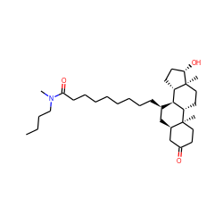 CCCCN(C)C(=O)CCCCCCCC[C@@H]1C[C@@H]2CC(=O)CC[C@]2(C)[C@H]2CC[C@]3(C)[C@@H](O)CC[C@H]3[C@@H]21 ZINC000028642029