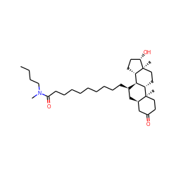 CCCCN(C)C(=O)CCCCCCCCC[C@@H]1C[C@@H]2CC(=O)CC[C@]2(C)[C@H]2CC[C@]3(C)[C@@H](O)CC[C@H]3[C@@H]21 ZINC000028642210