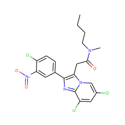 CCCCN(C)C(=O)Cc1c(-c2ccc(Cl)c([N+](=O)[O-])c2)nc2c(Cl)cc(Cl)cn12 ZINC000042877965