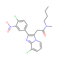 CCCCN(C)C(=O)Cc1c(-c2ccc(Cl)c([N+](=O)[O-])c2)nc2c(Cl)cccn12 ZINC000040410091