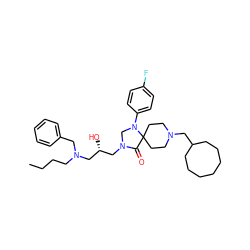 CCCCN(Cc1ccccc1)C[C@H](O)CN1CN(c2ccc(F)cc2)C2(CCN(CC3CCCCCCC3)CC2)C1=O ZINC000003942655