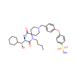 CCCCN1C(=O)[C@@H]([C@H](O)C2CCCCC2)NC(=O)C12CCN(Cc1ccc(Oc3ccc(S(N)(=O)=O)cc3)cc1)CC2 ZINC000072110875