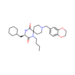 CCCCN1C(=O)[C@@H](CC2CCCCC2)NC(=O)C12CCN(Cc1ccc3c(c1)OCCO3)CC2 ZINC000001910232