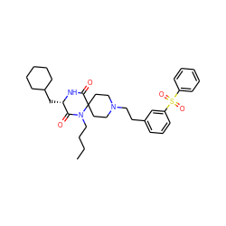 CCCCN1C(=O)[C@H](CC2CCCCC2)NC(=O)C12CCN(CCc1cccc(S(=O)(=O)c3ccccc3)c1)CC2 ZINC000049757091