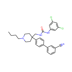 CCCCN1CCC(CNC(=O)Nc2cc(Cl)cc(Cl)c2)(c2ccc(-c3cccc(C#N)c3)cc2)CC1 ZINC000028117072