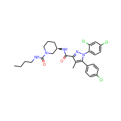 CCCCNC(=O)N1CCC[C@@H](NC(=O)c2nn(-c3ccc(Cl)cc3Cl)c(-c3ccc(Cl)cc3)c2C)C1 ZINC000084654021