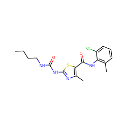 CCCCNC(=O)Nc1nc(C)c(C(=O)Nc2c(C)cccc2Cl)s1 ZINC000013587434