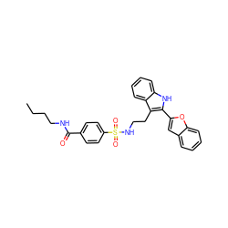 CCCCNC(=O)c1ccc(S(=O)(=O)NCCc2c(-c3cc4ccccc4o3)[nH]c3ccccc23)cc1 ZINC000014978419