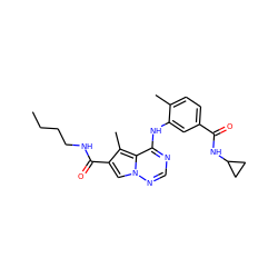 CCCCNC(=O)c1cn2ncnc(Nc3cc(C(=O)NC4CC4)ccc3C)c2c1C ZINC000038427828