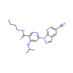 CCCCNC(=O)c1cnc(-n2ncc3cc(C#N)cnc32)cc1NC(C)C ZINC001772610339