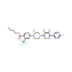 CCCCOC(=O)c1cnc(N2CCN(c3nnc(-c4ccc(F)nc4)c(C)c3C)C[C@H]2C)cc1C(F)(F)F ZINC000201150906