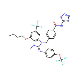 CCCCOc1cc(C(F)(F)F)cc2c1n(C)/c(=N/c1ccc(OC(F)(F)F)cc1)n2Cc1ccc(C(=O)Nc2nnn[nH]2)cc1 ZINC000150545249