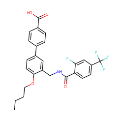 CCCCOc1ccc(-c2ccc(C(=O)O)cc2)cc1CNC(=O)c1ccc(C(F)(F)F)cc1F ZINC000049033981