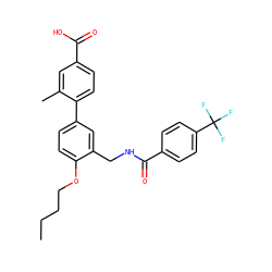 CCCCOc1ccc(-c2ccc(C(=O)O)cc2C)cc1CNC(=O)c1ccc(C(F)(F)F)cc1 ZINC000096915124