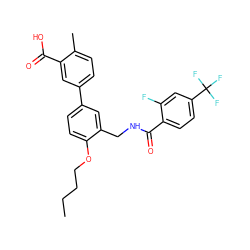 CCCCOc1ccc(-c2ccc(C)c(C(=O)O)c2)cc1CNC(=O)c1ccc(C(F)(F)F)cc1F ZINC000049033389