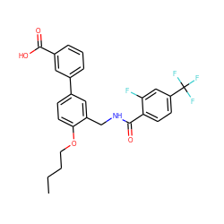 CCCCOc1ccc(-c2cccc(C(=O)O)c2)cc1CNC(=O)c1ccc(C(F)(F)F)cc1F ZINC000049033983