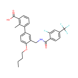 CCCCOc1ccc(-c2cccc(C(=O)O)c2C)cc1CNC(=O)c1ccc(C(F)(F)F)cc1F ZINC000049109574