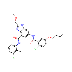 CCCCOc1ccc(Cl)c(C(=O)Nc2cc(C(=O)Nc3cccc(Cl)c3C)c3nc(COC)[nH]c3c2)c1 ZINC000205654093