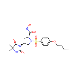 CCCCOc1ccc(S(=O)(=O)N2C[C@@H](N3C(=O)NC(C)(C)C3=O)C[C@@H]2C(=O)NO)cc1 ZINC000013835767