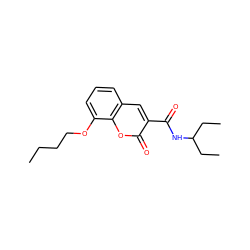 CCCCOc1cccc2cc(C(=O)NC(CC)CC)c(=O)oc12 ZINC000299868573