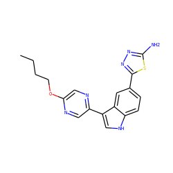 CCCCOc1cnc(-c2c[nH]c3ccc(-c4nnc(N)s4)cc23)cn1 ZINC000145412741