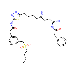 CCCCS(=O)(=O)Cc1cccc(CC(=O)Nc2nnc(CCCCC(=N)CCC(=N)NC(=O)Cc3ccccc3)s2)c1 ZINC000169698669