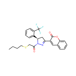 CCCCSCC(=O)N1N=C(c2cc3ccccc3oc2=O)C[C@@H]1c1ccccc1C(F)(F)F ZINC000103267735