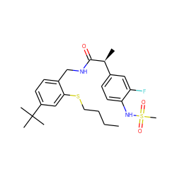 CCCCSc1cc(C(C)(C)C)ccc1CNC(=O)[C@@H](C)c1ccc(NS(C)(=O)=O)c(F)c1 ZINC001772657664