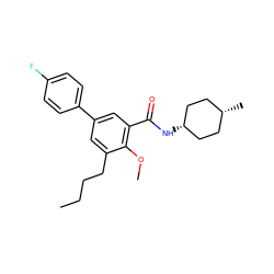 CCCCc1cc(-c2ccc(F)cc2)cc(C(=O)N[C@H]2CC[C@@H](C)CC2)c1OC ZINC000653847660