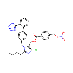 CCCCc1nc(Cl)c(COC(=O)c2ccc(CO[N+](=O)[O-])cc2)n1Cc1ccc(-c2ccccc2-c2nnn[nH]2)cc1 ZINC000043511573
