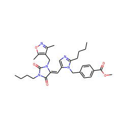 CCCCc1ncc(/C=C2/C(=O)N(CCCC)C(=O)N2Cc2c(C)noc2C)n1Cc1ccc(C(=O)OC)cc1 ZINC000027211746