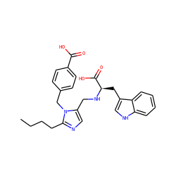 CCCCc1ncc(CN[C@H](Cc2c[nH]c3ccccc23)C(=O)O)n1Cc1ccc(C(=O)O)cc1 ZINC000026477285