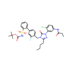 CCCCc1nn(-c2cc(NC(=O)CC)ccc2Cl)c(=O)n1Cc1ccc(-c2ccccc2S(=O)(=O)NC(=O)OC(C)(C)C)cc1F ZINC000027210533