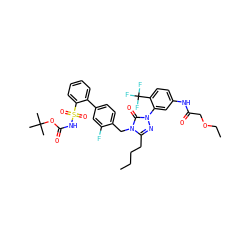 CCCCc1nn(-c2cc(NC(=O)COCC)ccc2C(F)(F)F)c(=O)n1Cc1ccc(-c2ccccc2S(=O)(=O)NC(=O)OC(C)(C)C)cc1F ZINC000095611279