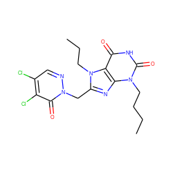 CCCCn1c(=O)[nH]c(=O)c2c1nc(Cn1ncc(Cl)c(Cl)c1=O)n2CCC ZINC000003347713