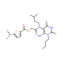 CCCCn1c(N)c(N(CCC(C)C)C(=O)COC(=O)c2ccc([N+](=O)[O-])s2)c(=O)[nH]c1=O ZINC000009129165